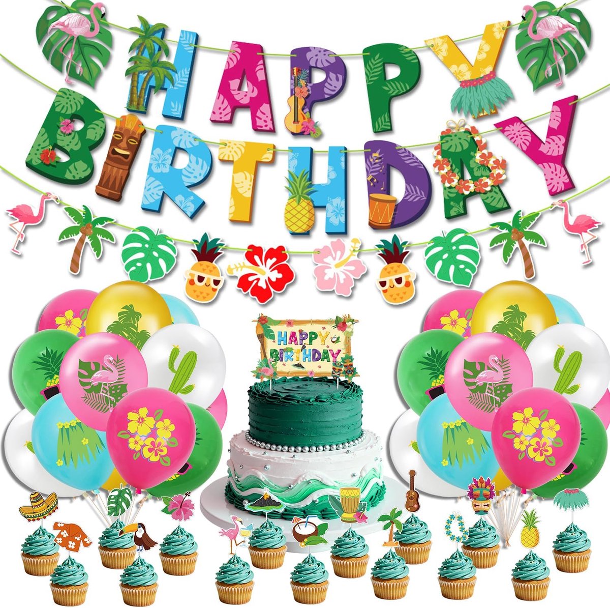 42 stuks Hawaï-decoratiefeest, decoratie, zomerfeest, verjaardag, flamingodecoratie, strandfeestdecoratie, Hawaï-decoratieset voor tropische zomer, strand, verjaardagsfeest