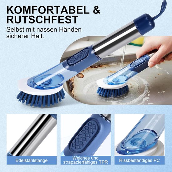 Afwasborstel met afwasmiddeldispenser, keukenborstel met ergonomische lange handgreep, 4 hoogwaardige verwisselbare koppen (nylon, siliconen, spons), afwasborstel voor spoelreiniging, pan — afbeelding 3