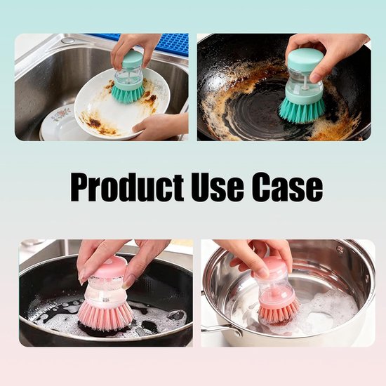 Set van 2 afwasborstels met geïntegreerde dispenser, reinigingsborstel voor potten en pannen, zachte nylon borstelharen, eenvoudige vulling, verwisselbare kop, praktisch keukenaccessoire — afbeelding 3