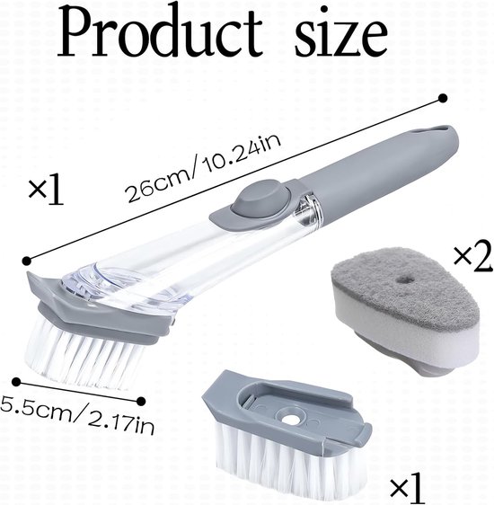 Afwasborstel met afwasmiddeldispenser, vulbare afwasborstel met 1 borstelkop en 2 verwisselbare sponskoppen, keukenborstel, afwasborstel, voor pan, gootsteenreiniging — afbeelding 5