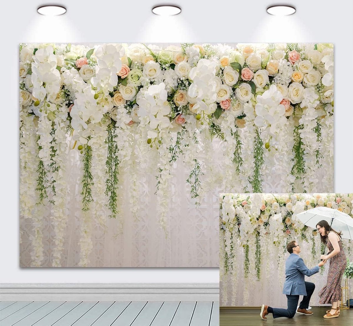 Witte bloemenachtergrond, gordijn voor bruidsfeest, bruiloft, roos, fotografie, babyshower, decoratieaccessoires