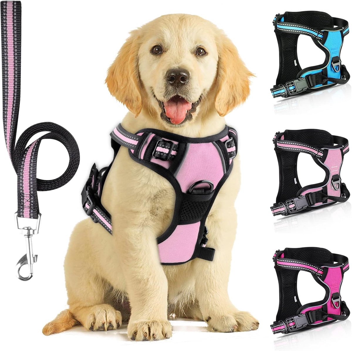 reflecterend, anti-trekharnas voor honden, babyroze, L | Met hondenriem, voor hardlopen, wandelen en joggen