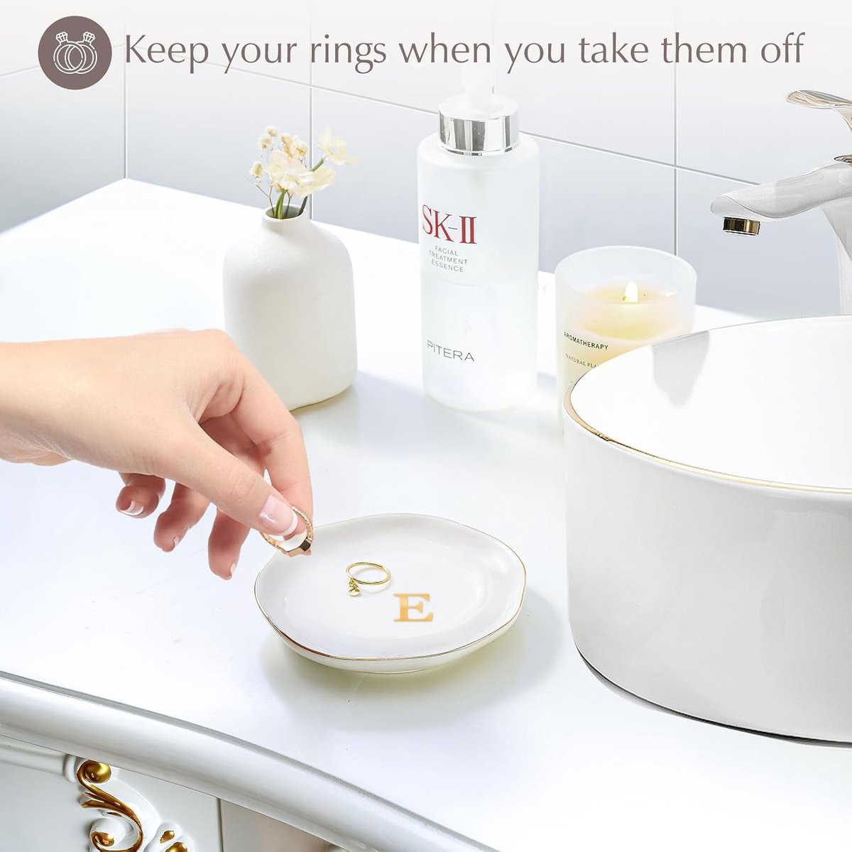 Keramische ring schotel sieraden lade, gepersonaliseerde snuisterij schotel met gouden initialen voor oorbellen kettingen, decor verloving huwelijksgeschenken voor vrouwen -wit E