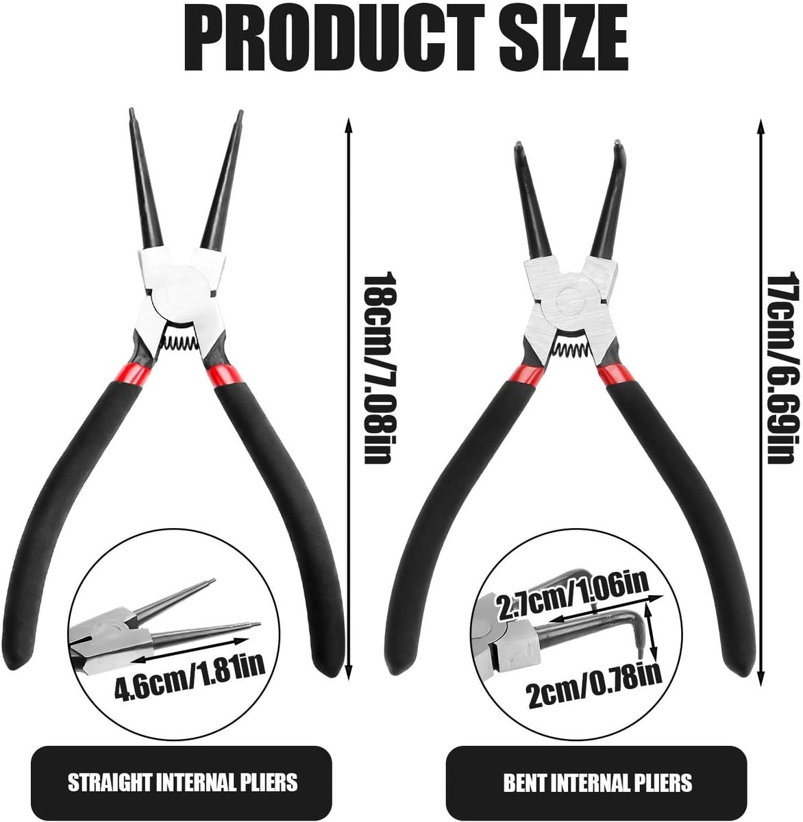 Set van 4 borgringtangen, rechte borgringtangen, rechte en gebogen binnen- en buitentangen, zeilringtang met antislip handgrepen en tas, 180 mm voor werkplaats en reparaties