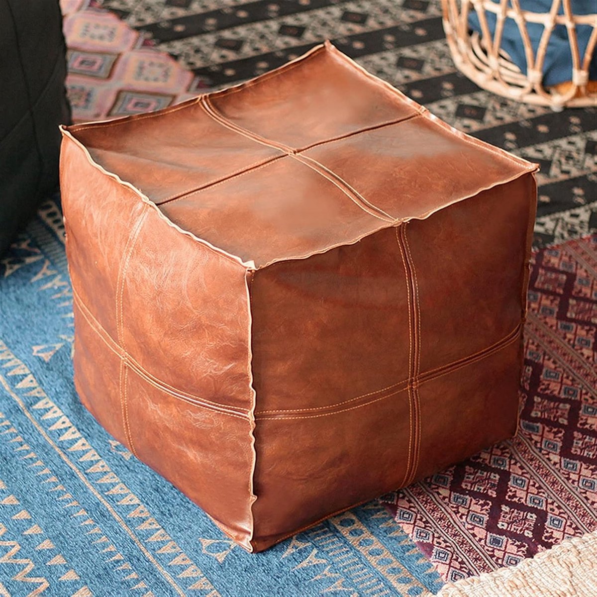 Pu Lederen poef kussenhoes borduurbordje ambachtelijke bank Ottoman voetenbank 43cm kunstmatige lederen niet-ingesloten dekking Schoen veranderende ontlasting (Color : A)