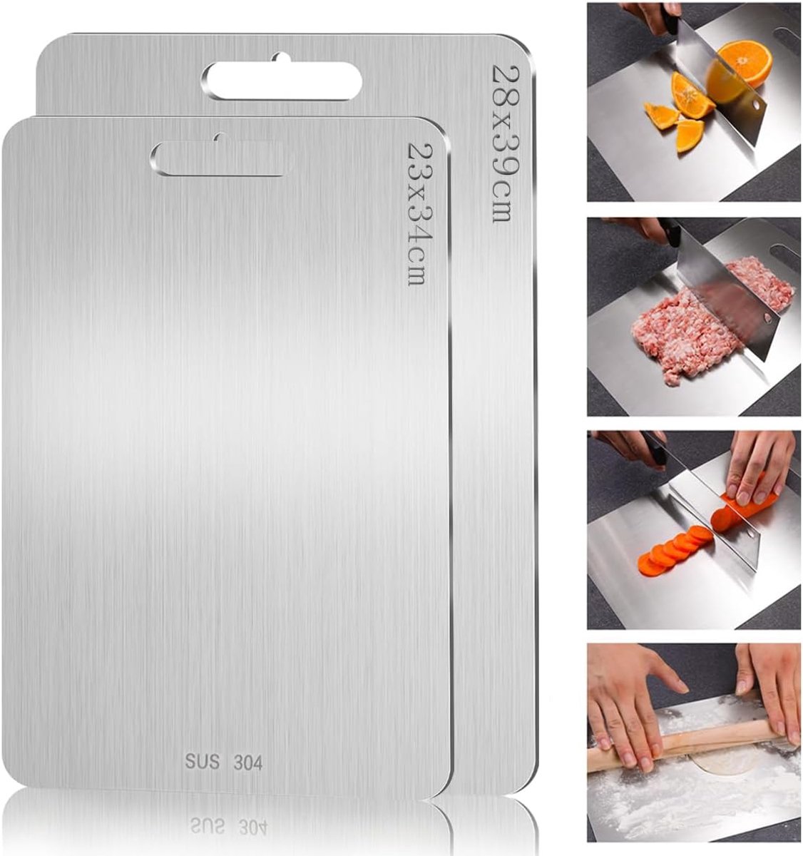 2 Stuks Snijplank van roestvrij staal, 304 roestvrij staal dubbelzijdig food grade snijplank werkblad kneedplank Antibacterieel plastic vrij, bakplank deegplank snijplank plaat keuken (S+M)
