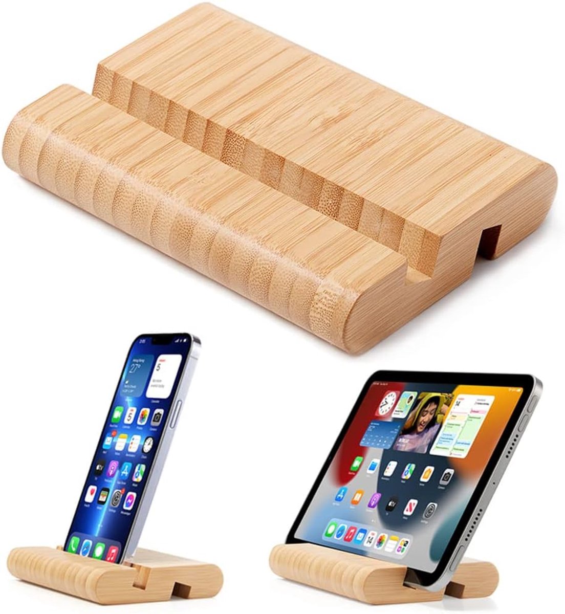 Tablet- en mobiele telefoonstandaard van bamboe voor bureau, voor iPhone, iPad, tablets en alle telefoons (groot)
