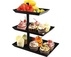 360° roterende taartschaal, snackhouder, uittrekbaar, serveerschaal van metaal, dessert, Tisc, zwart, 3 etages, draaibare fruittaartstandaard, geschikt voor kantoren, woonkamers, keukens