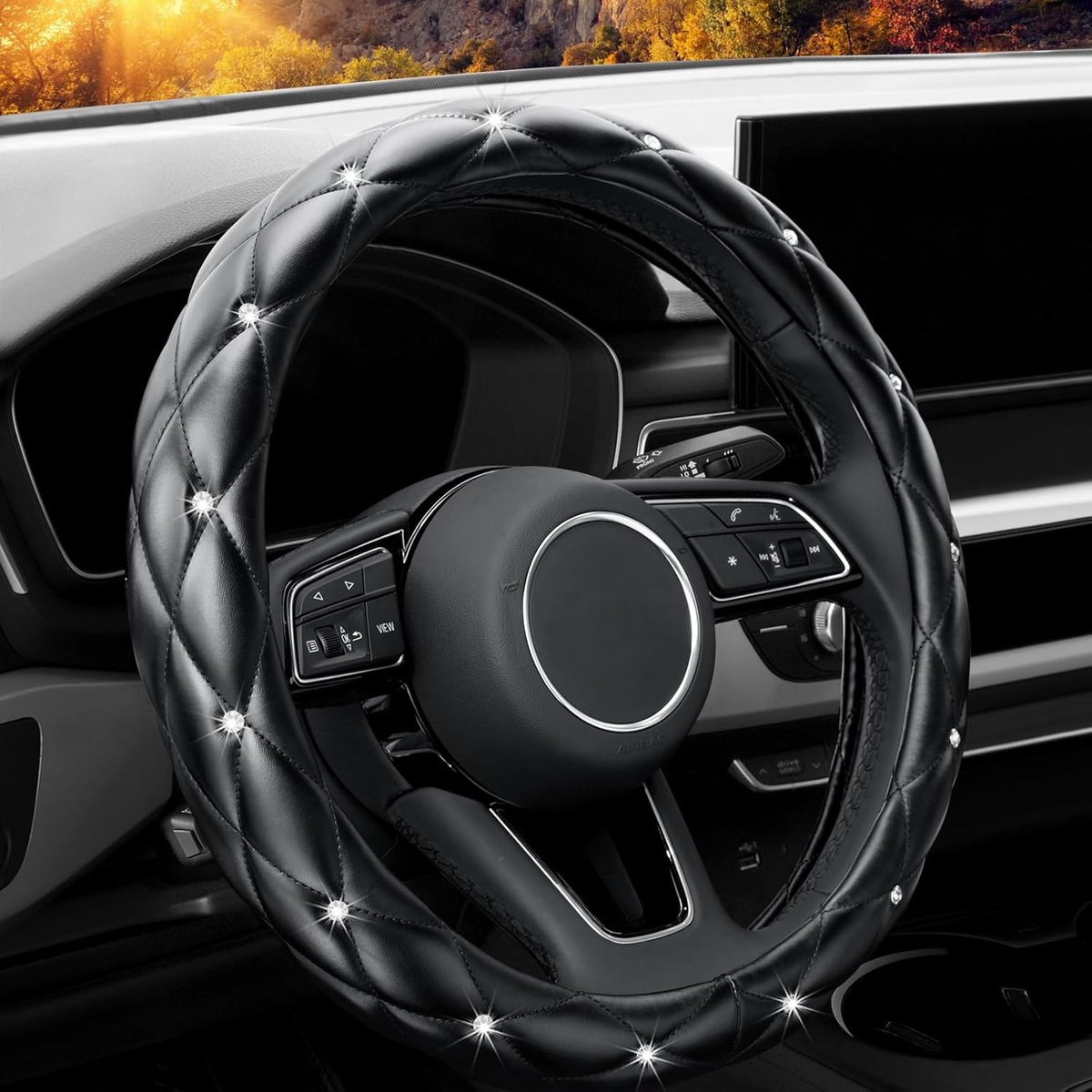 Diamant lederen stuurhoes met bling bling kristallen steentjes, universeel 15 inch voor vrouwen meisjes, geschikt voor voertuigen, sedans, SUV's, bestelwagens, vrachtwagens - zwart