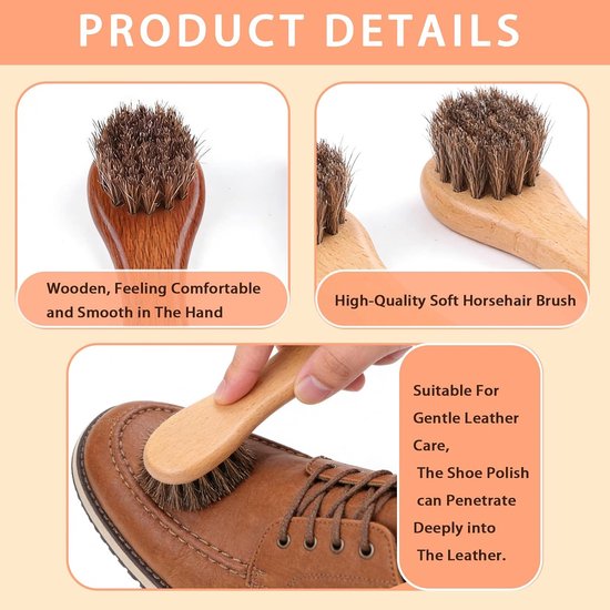 Set van 2 hoogwaardige schoenborstels van paardenhaar en beukenhout, zachte glansborstel voor leerverzorging, schoenen, tassen en meubels, ergonomische polijstborstel (15,5 cm) voor zachte reiniging — afbeelding 2
