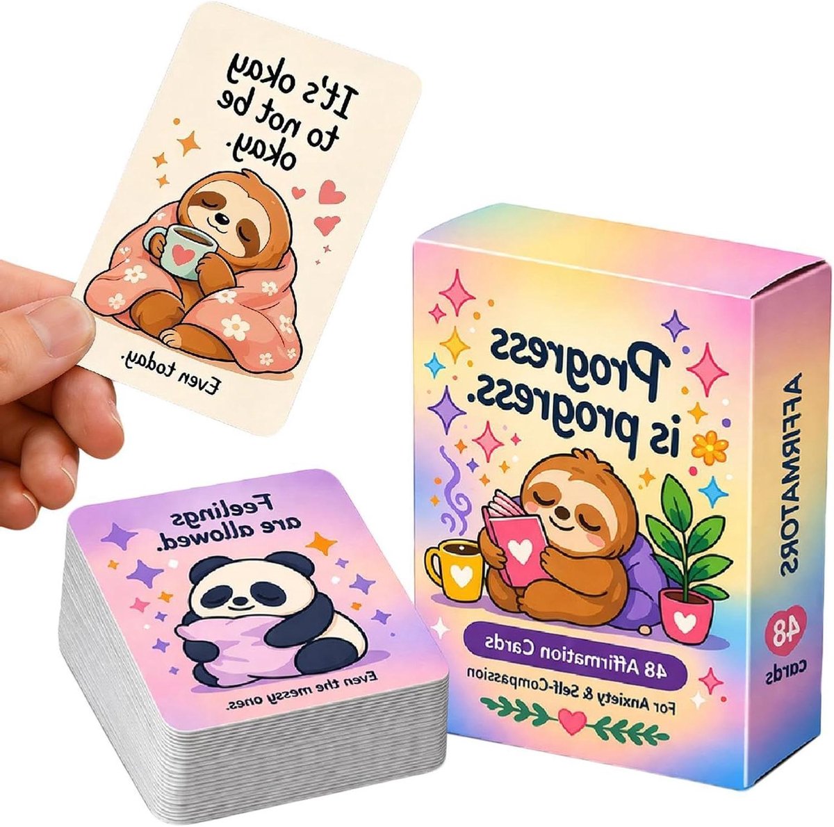 Affirmatiekaarten Kinderen - Positieve Kaarten - Dagelijkse Reflectie - 48 Unieke Aanwijzingen - 7.8x12.3cm - Luiaard