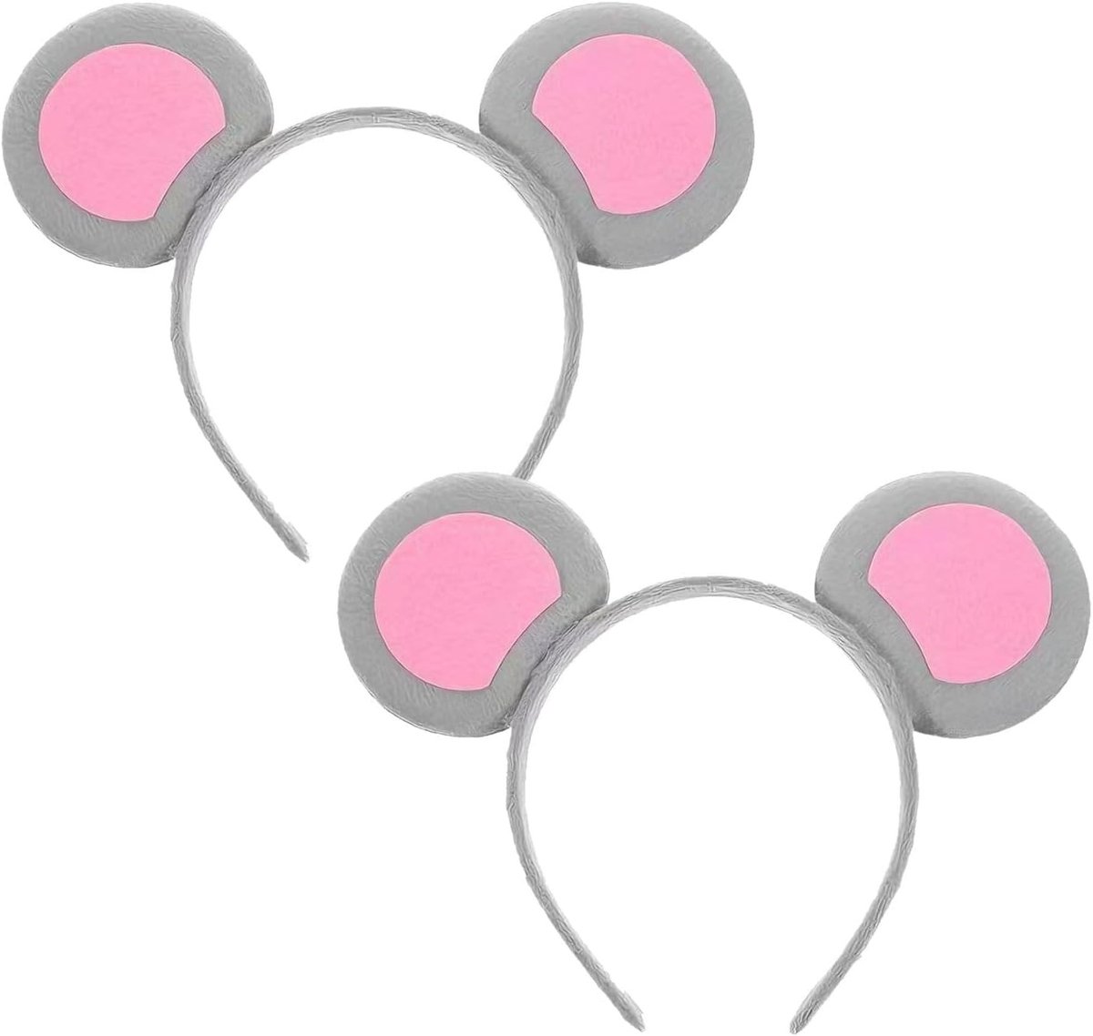 Zachte muizenoortjes haarbanden 2-pack in grijs en roze voor volwassenen en kinderen, ideaal voor carnaval en Halloween feestaccessoires