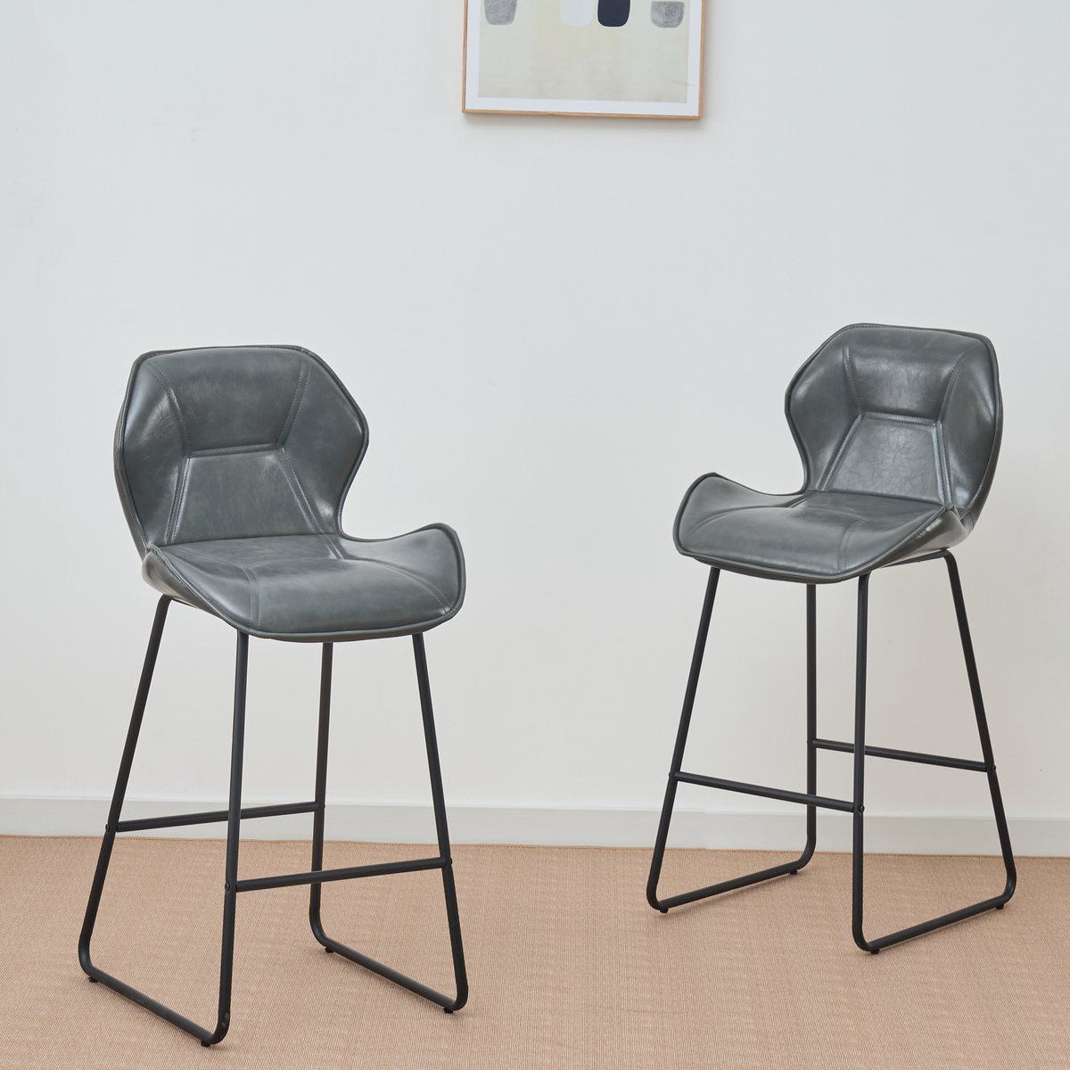 3-delige set barkrukken van kunstleder, moderne barstoelen met rugleuning, metalen frame en voetsteun, voor keuken, bartafel, thuisbar en eetgedeelte,Grijs