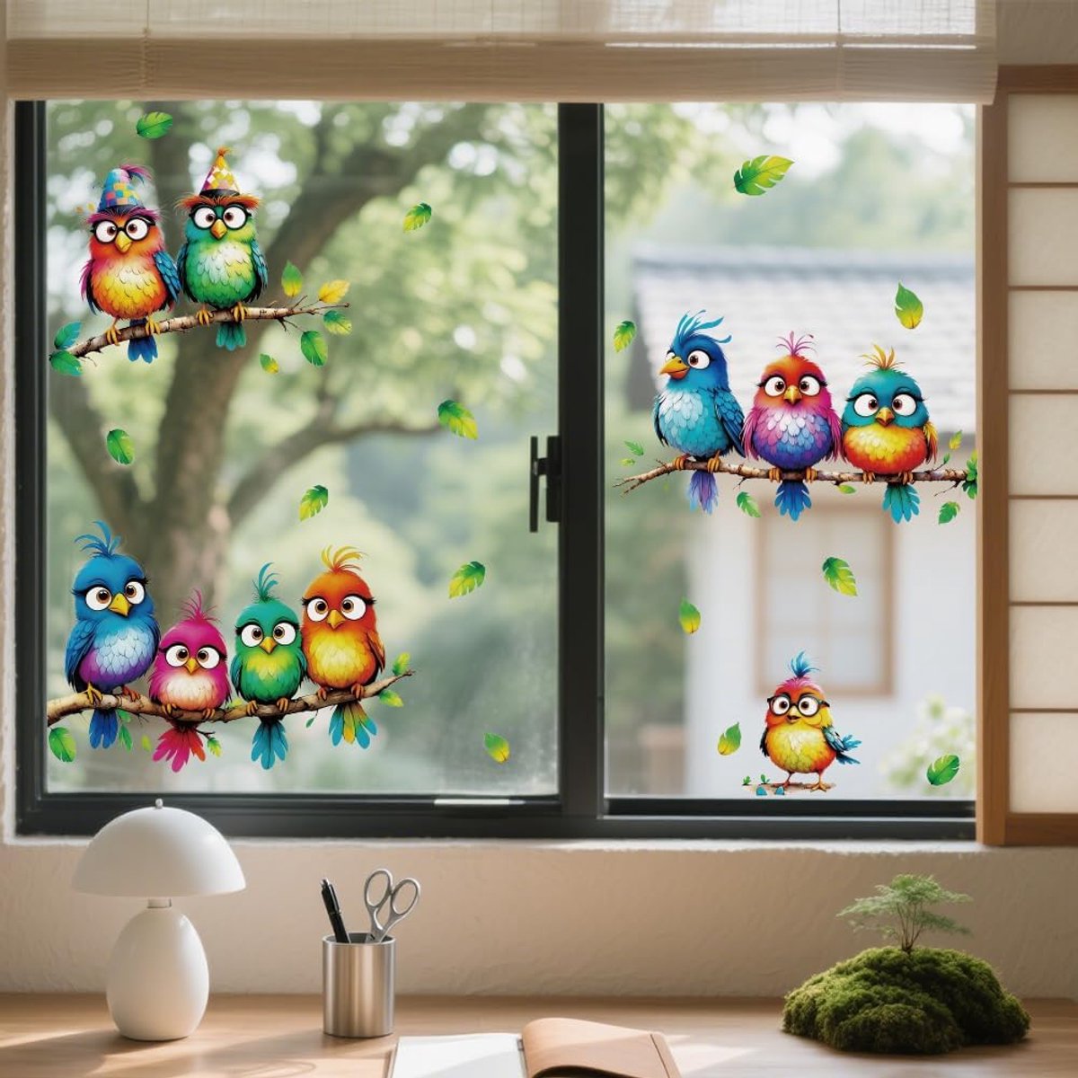 SnelShoppen - Dubbelzijdige 3D-cartoon-vogels en takken vensterafbeeldingen, herbruikbare ondoorzichtige raamstickers voor woonkamer, badkamer, lente