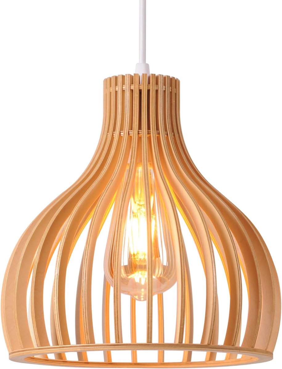 SnelShoppen - Hangende Vintage Kroonluchter in Hout - Decoratieve Vogelkooi Plafondlamp E27 - Retro Handgemaakte Plafondlamp Ø 23 cm - Hoogte Verstelb