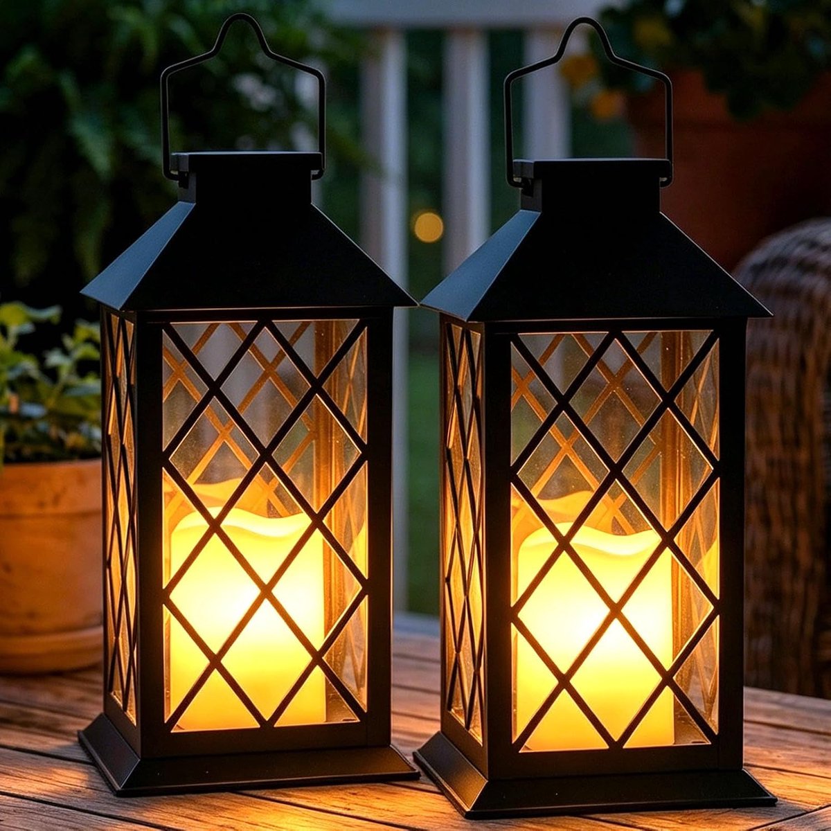 SnelShoppen - 35 cm Lantaarn op Zonne-energie voor Buiten, 2 Stuks, Zwart | Met Vlameffect, Hangend en Staand Bruikbaar, IP65 Waterdicht, Veiligheidsg