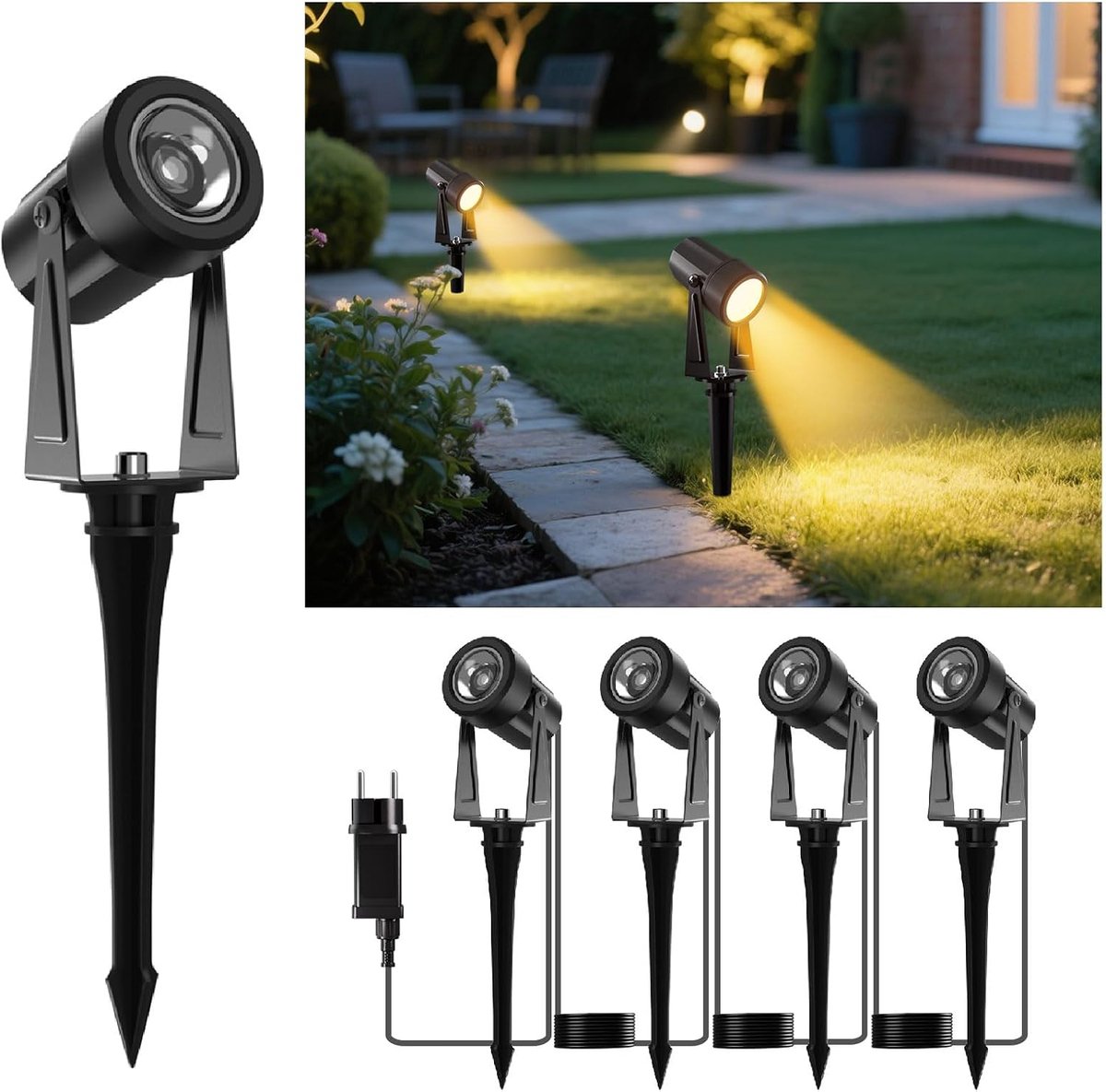 SnelShoppen - 4x Tuinverlichting LED Wandlamp IP65 Waterdicht, 3000K Warm Wit, 360° Verstelbare Tuinlamp Spot 3W Buitenverlichting voor Tuin en Oprit
