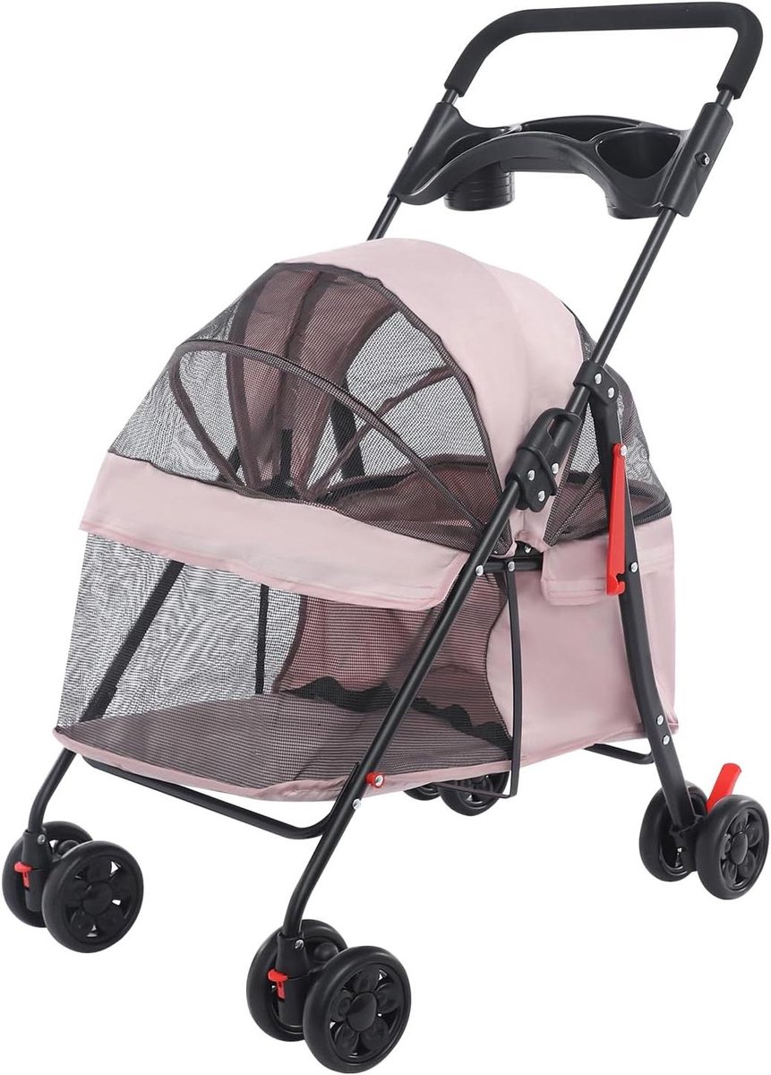 Huisdierbuggy - Hondenwagen - Veilig transport - Opvouwbaar design - Tot 18 kg - Lichtroze-Grijs