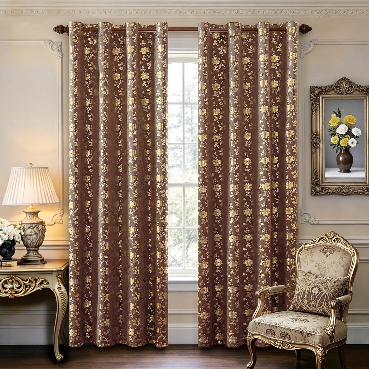 Gordijnen Verduisterend met Oogjes 2 Stuks, 140x145 CM, Retro Elegante Bloemen Verduisteringsgordijn, Isolerend Gordijn Tegen Warmte en Koude, Ideaal voor Slaapkamer en Woonkamer, Bruin