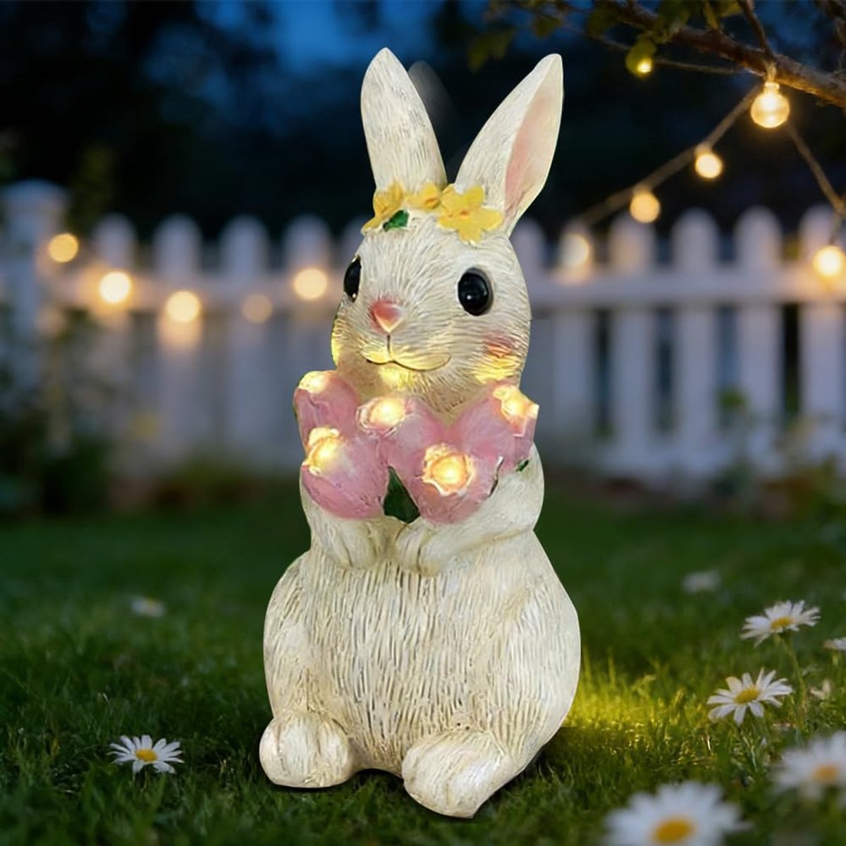 tuindecoratie, haas met bloemen, omarmen, zonnelamp, bunny-figuur, buitendecoratie, zonne-haas, tuindecoratie voor kinderen, vrouwen, balkon, feeëntuin, terras, decoratie