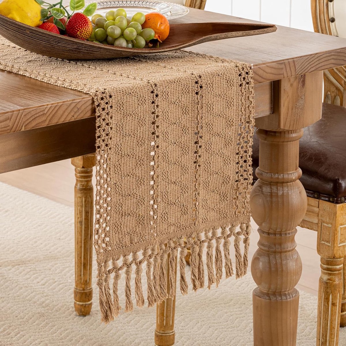 Boho Tafelloper, 30 x 140 cm, Moderne Macramé, Tafelloper Met Bruine Kwastjes, Van Linnen En Katoen, Voor Decoratie Voor Keuken, Eetkamer, Woonkamer, Bruin