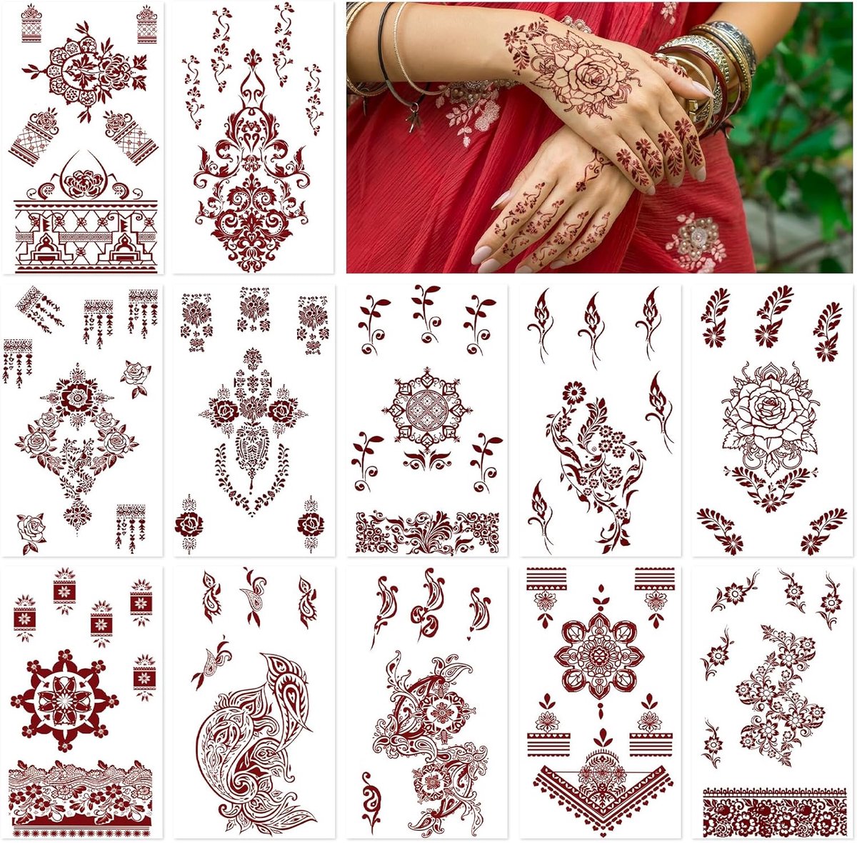 Tijdelijke mehndi-tatoeages voor dames, 12 stuks bruine tattoo-stickers, realistische tattoo-stickers voor handen, armen en lichaam, ideaal voor bruiloften en feesten