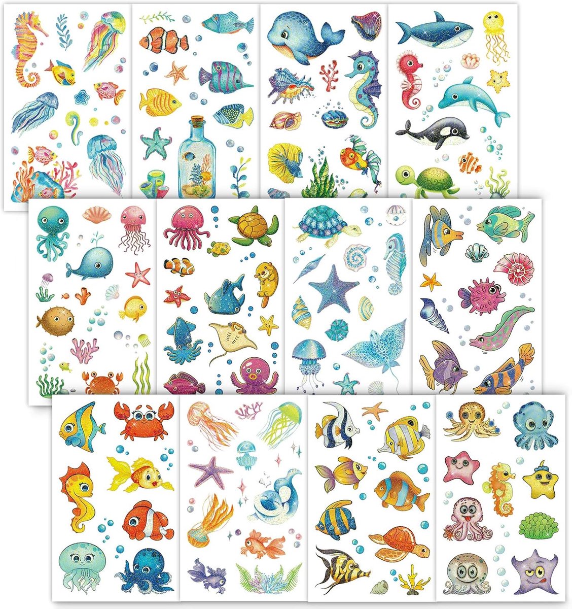 12 vellen zeedieren-tatoeages, glitter onder de zee-tatoeages voor kinderen, tropisch zeeleven, tijdelijke tatoeages, haai, octopus, zeester, nep-tatoeages, onder de zee, feestartikelen
