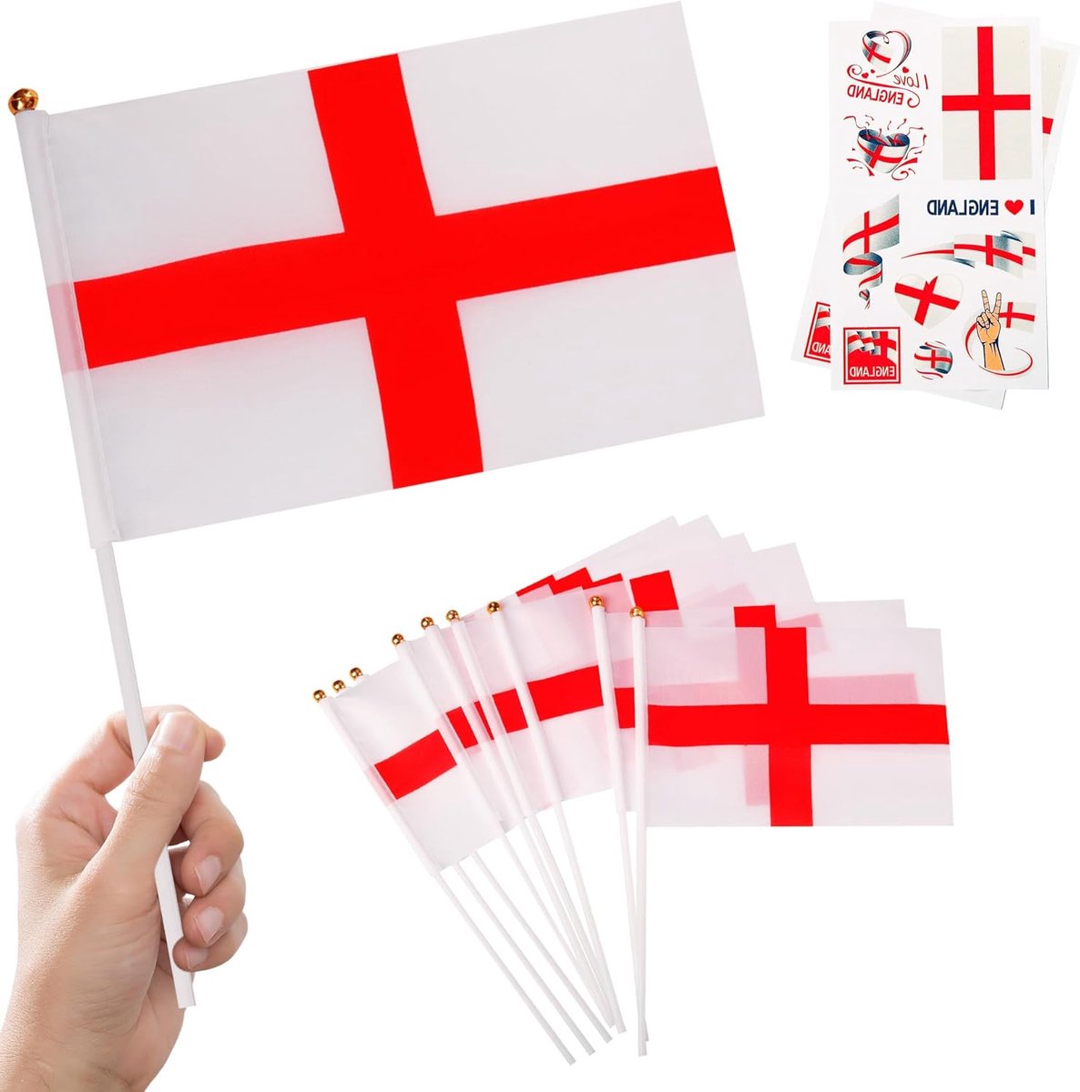 10 stuks kleine op stokken en 2 stuks tatoeages (Engeland) | Voor sportevenementen, nationale feestdecoraties, bartuin binnen en buiten