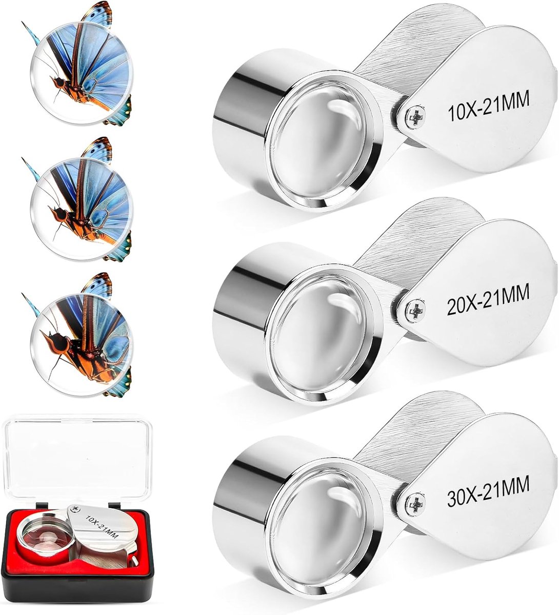 10 x 20 x 30 x, 3-delige opvouwbare handloep met vergroting, draagbare zakloep voor munten, diamanten, edelstenen, sieraden en postzegels