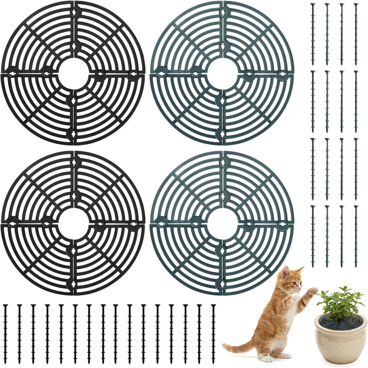 4 stuks bloempotrooster 19 cm, plantenbescherming kat PP-materiaal | Bloempotafdekking voor planten, bloempotrooster met verlengde bevestigingspen, beschermt planten tegen kinderen en dieren