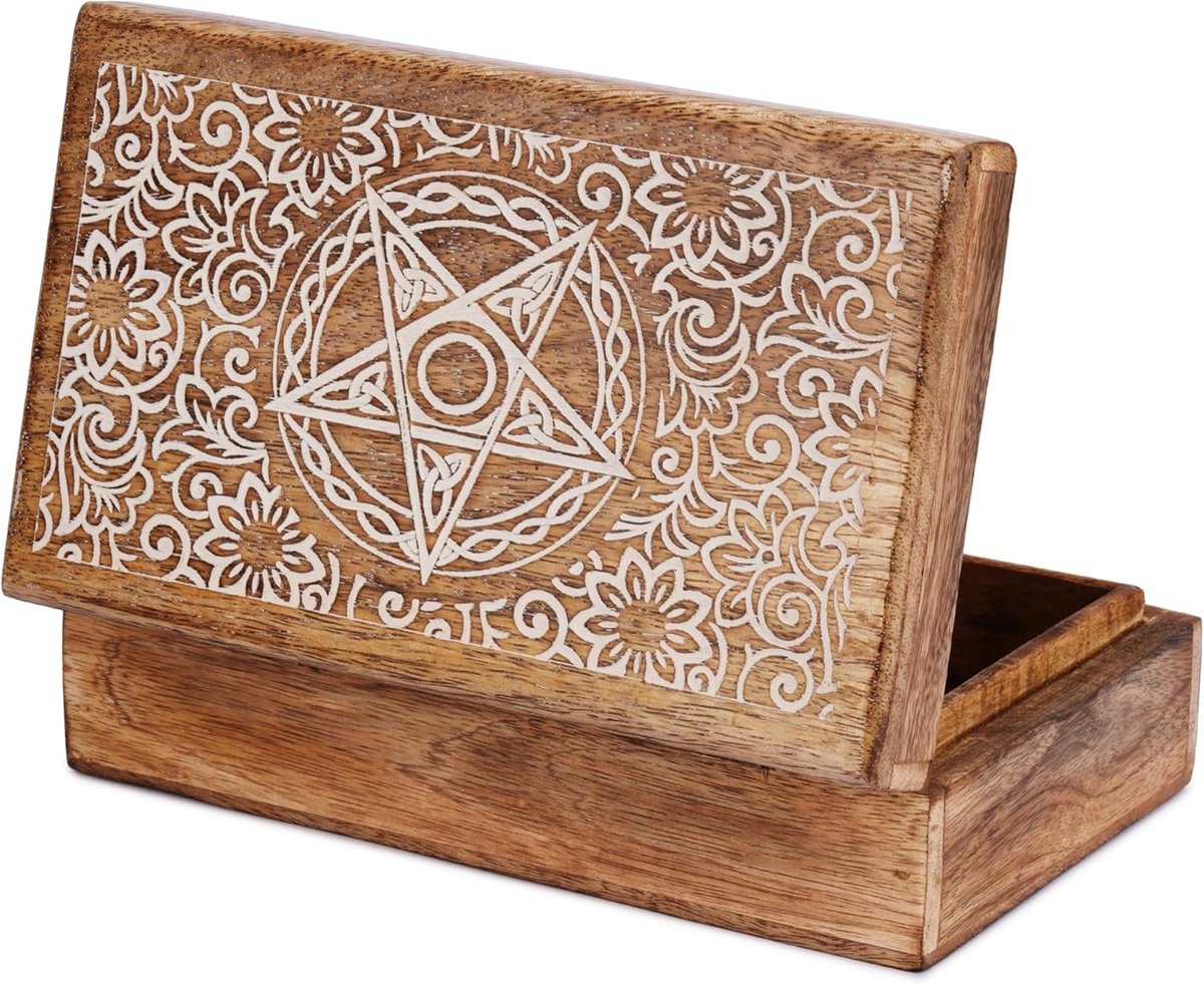 Houten Sieraden Opbergdoos Ster Bloemmotief Handgemaakte Multifunctionele Schatkist Aandenken Organizer Sieradenhouder Kettingen Horlogedozen Geweldig als Geschenken 8X5 Inch