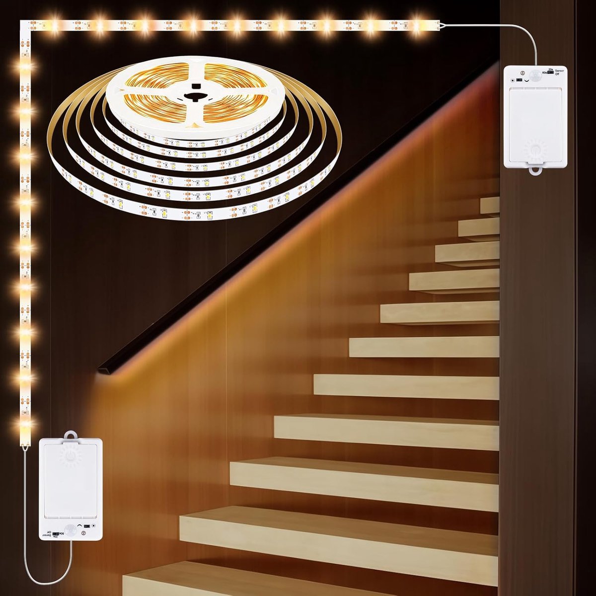 Ledstrip met bewegingsmelder, 5 m, 150 leds, warmwit, dual control ledstrip, oplaadbare trapverlichting, ledstrips met bewegingssensor voor nachtkastje, trap, kast, kast