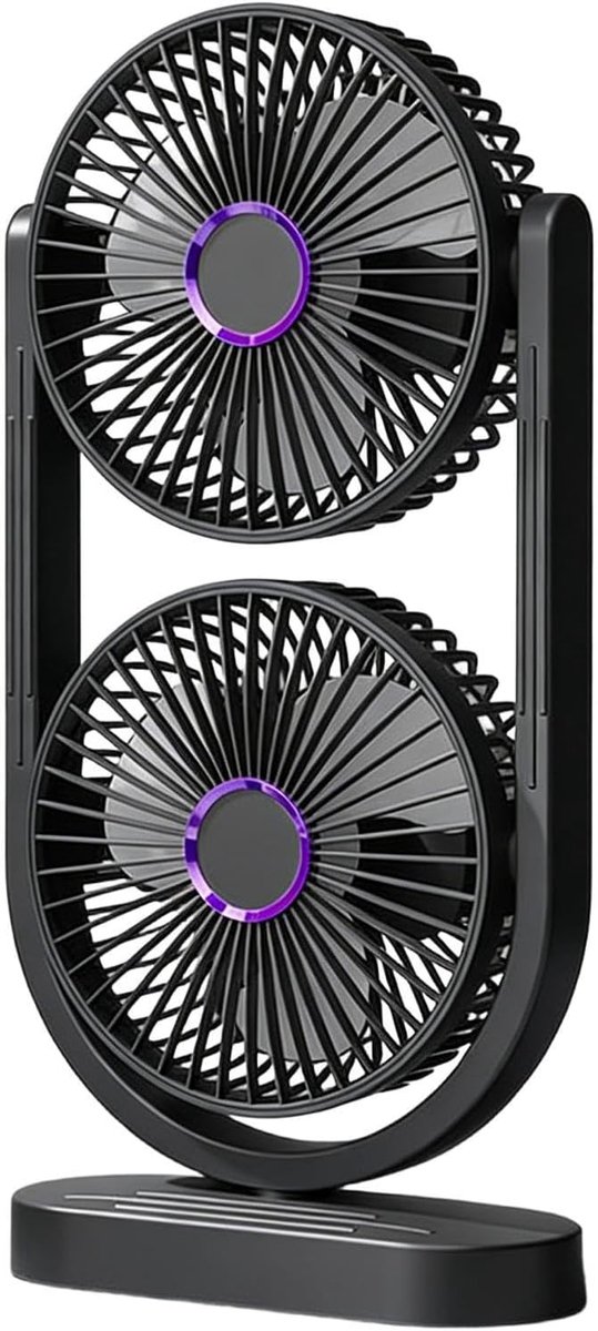 Dubbelkopse torenventilator, oscillerende oplaadbare bureauvantilator met 3 snelheden, draagbare USB tafelventilator voor persoonlijke verkoeling in de zomer （zwart）