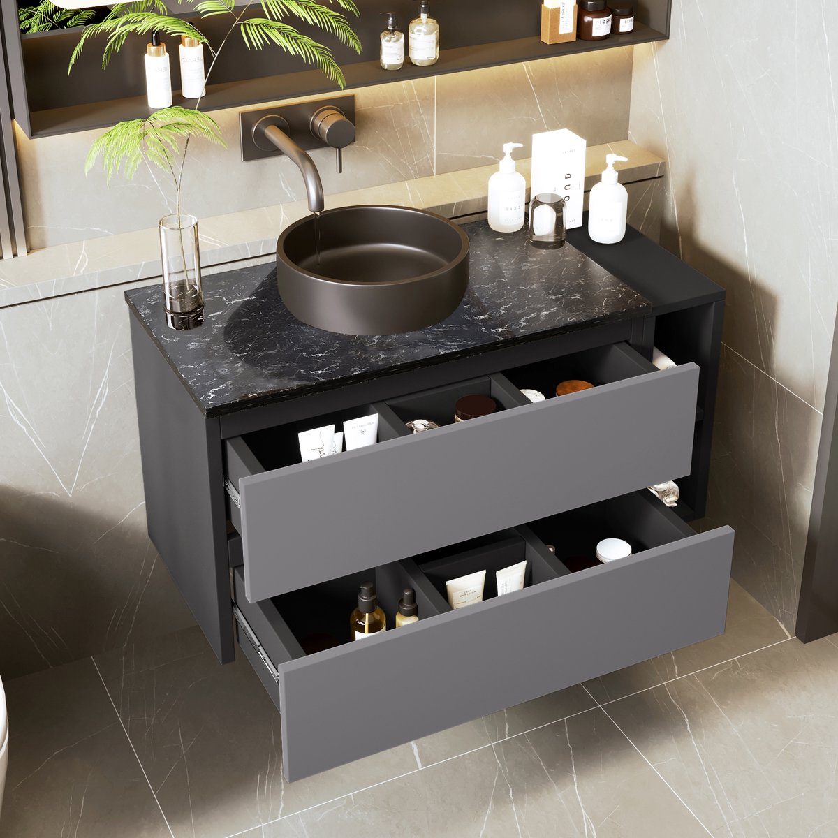 COVREO Wastafelonderkast 80 cm zwart-grijs, MDF met keramische waskom