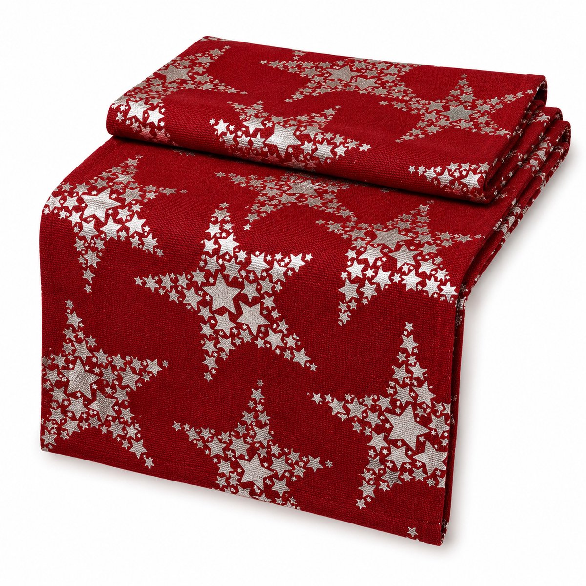 Kerst Tafelloper Stars – 42 x 150 cm – Rood - Zilver – Geweven Tafelloper met Metallic Sterrenprint – Kerstdecoratie voor Eettafel