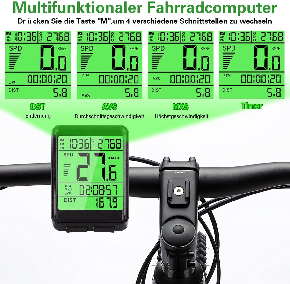 SnelShoppen - Draadloze Fietscomputer IPX7 Waterdicht met Achtergrondverlichting, Automatische Start/Stop, Multifunctionele Fietscomputer voor Kindere