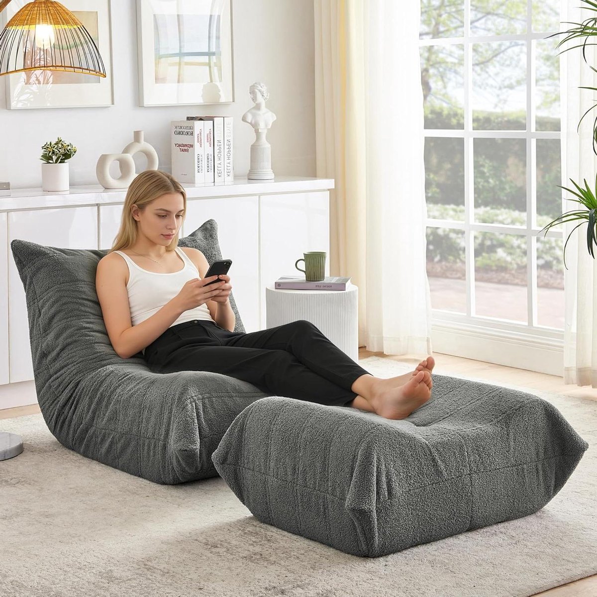 Luie Sofa - Relaxfauteuil Vloerbank - Ontspannen Lezen - Zacht Teddybont - 100 x 90 x 70 cm - Grijs