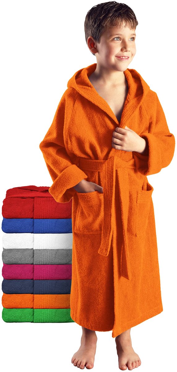 SnelShoppen - Kinderbadjas Oranje 152, 100% Katoenen Badstof met Capuchon voor Kinderen, Ideaal voor Bad, Zwembad, Feest en Thuisgebruik