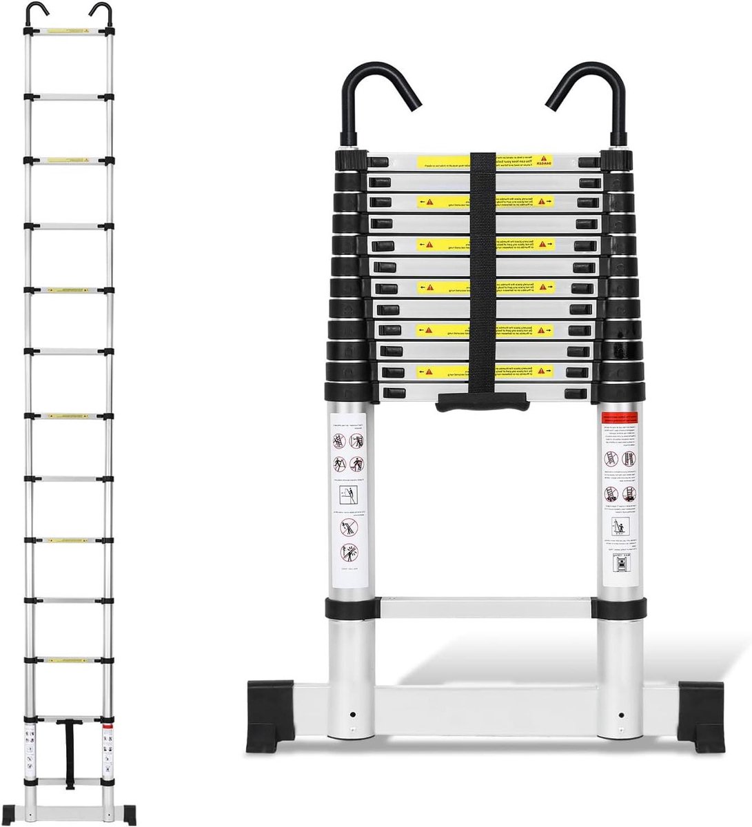Telescopische Ladder - Uittrekbare Ladder - Werkzaamheden Buiten - Stabilisator en Haken - 38 Meter - Zilver