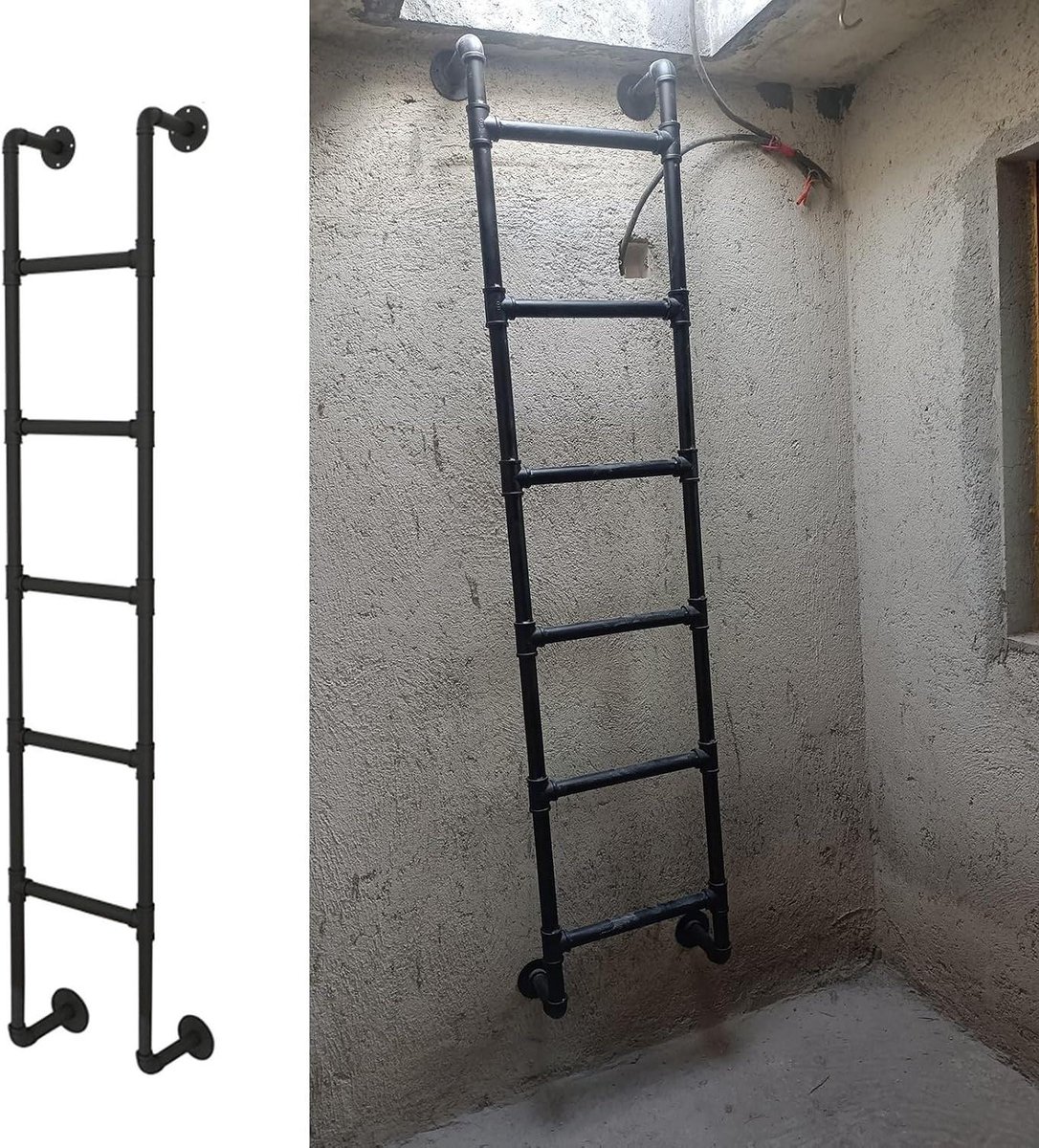 Smeedijzeren Uitgangsladder - Noodladder Kelder - Veilige Toegang Creëren - Duurzame Smeedijzeren Constructie - 150 kg Max Belasting - Zwart