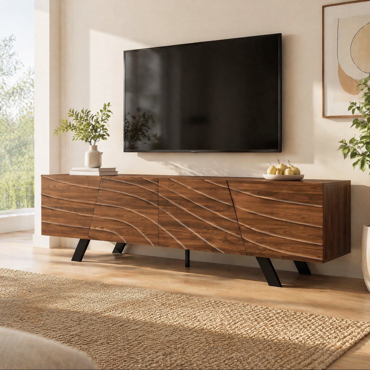 COVREO TV-Meubel 160x39x50,5 cm Walnoot, MDF, 3D Golvend Front, Zwarte IJzeren Poten, Kabelmanagement, Groot Opbergruimte, Max. 50 kg Walnut