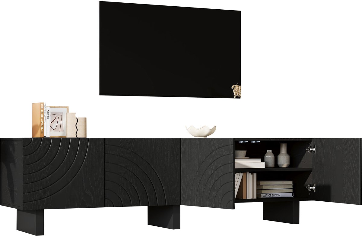 COVREO TV-meubel met 4 deuren – Modern tv-dressoir met structuur – Lowboard voor grote televisies – 180x40x55 cm – Zwart