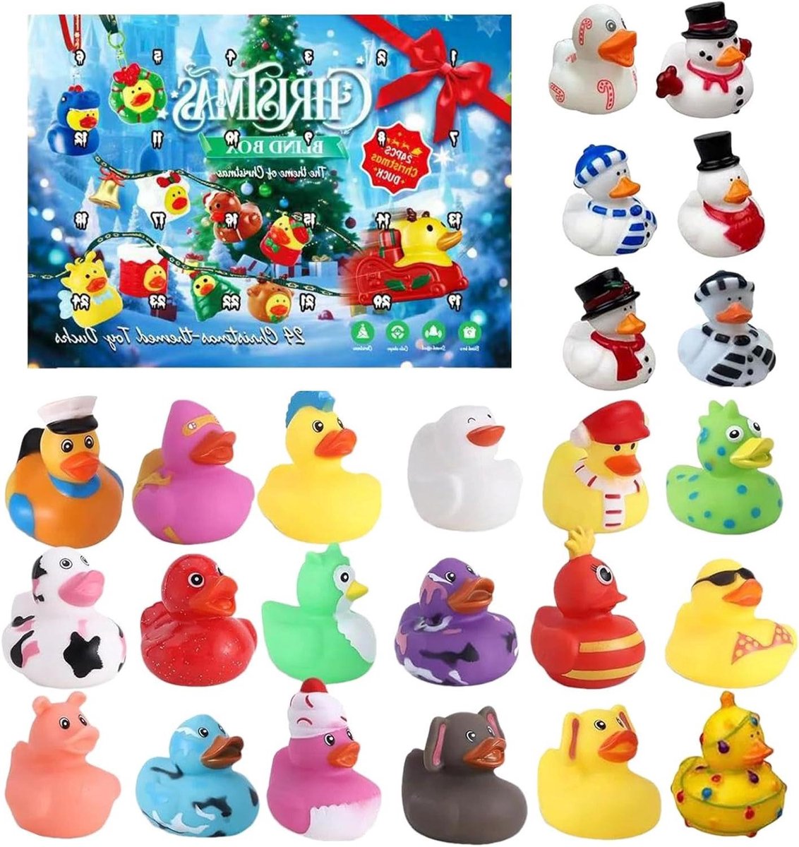 Kerst Rubber Eendjes - Badeendjes Feest - Feestelijke Aftelling - 24-Delige Set - 31 x 23 x 5 cm - Multicolor