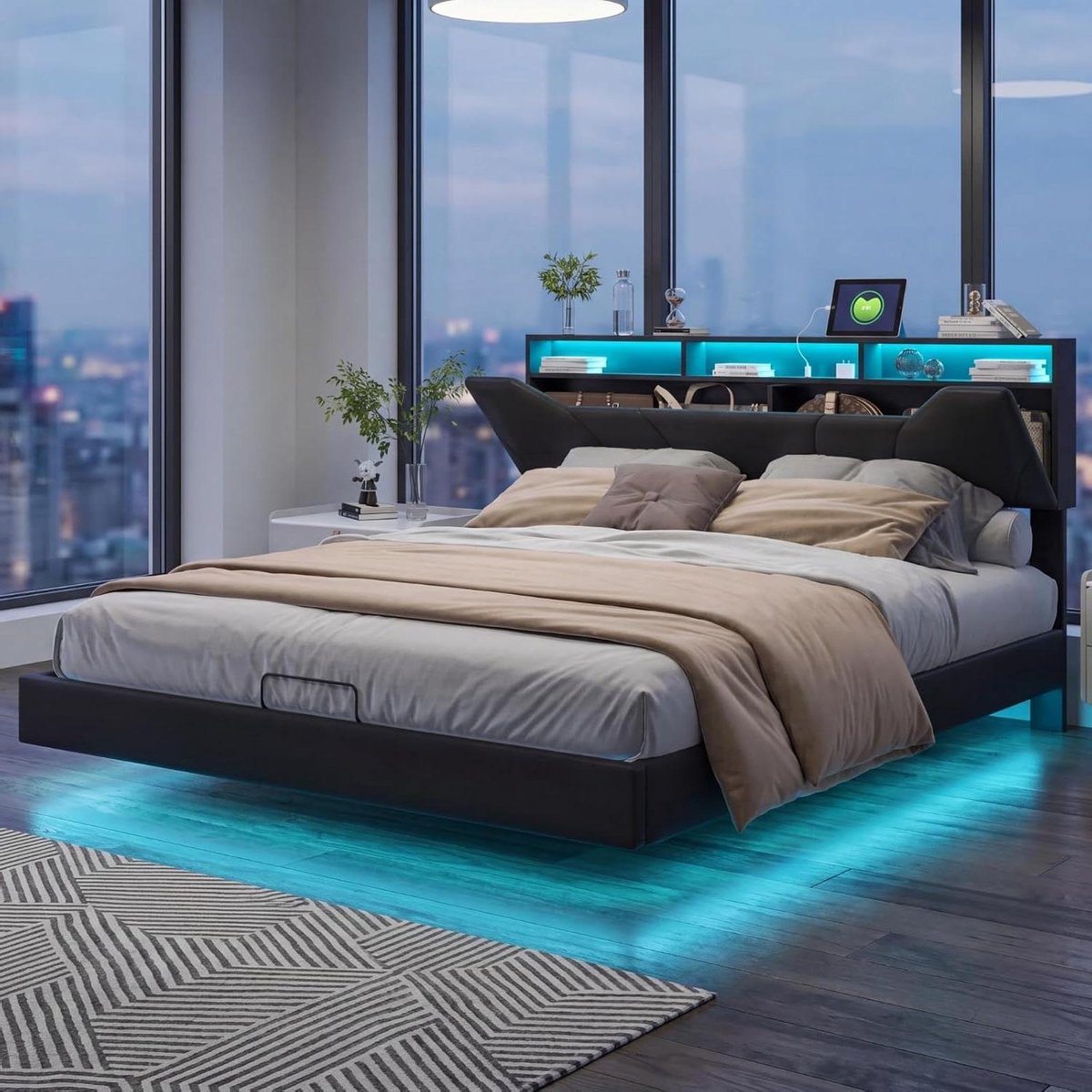 Gestoffeerd Bed - Luxe Slaapbank - Moderne Slaapkamer - Geïntegreerde USB-C Poorten - 140 x 200 cm - Zwart