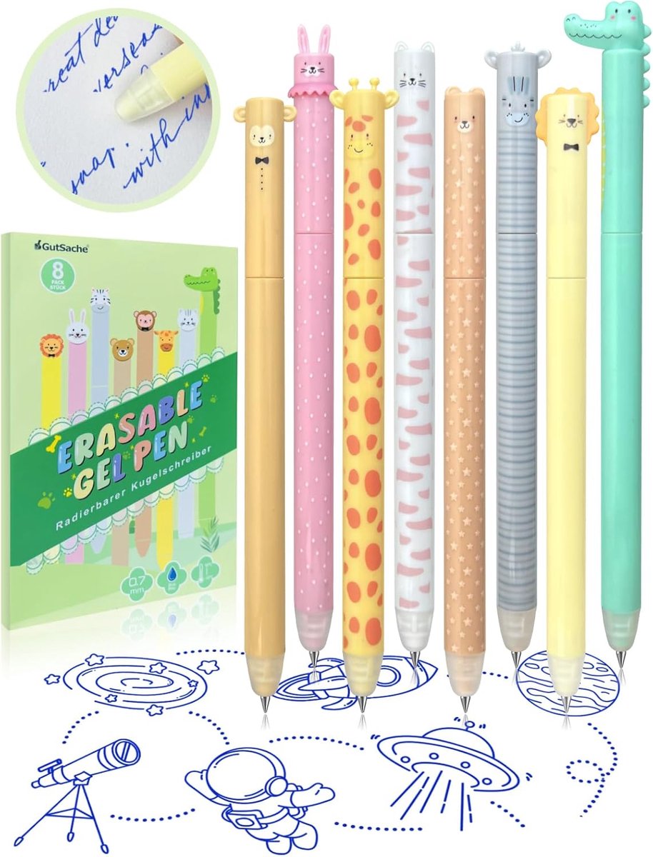 SnelShoppen - Set van 8 uitwisbare gelpennen met schattige diermotieven, blauwe inkt, ideaal voor leerlingen en kantoor, leuk voor school en creatief