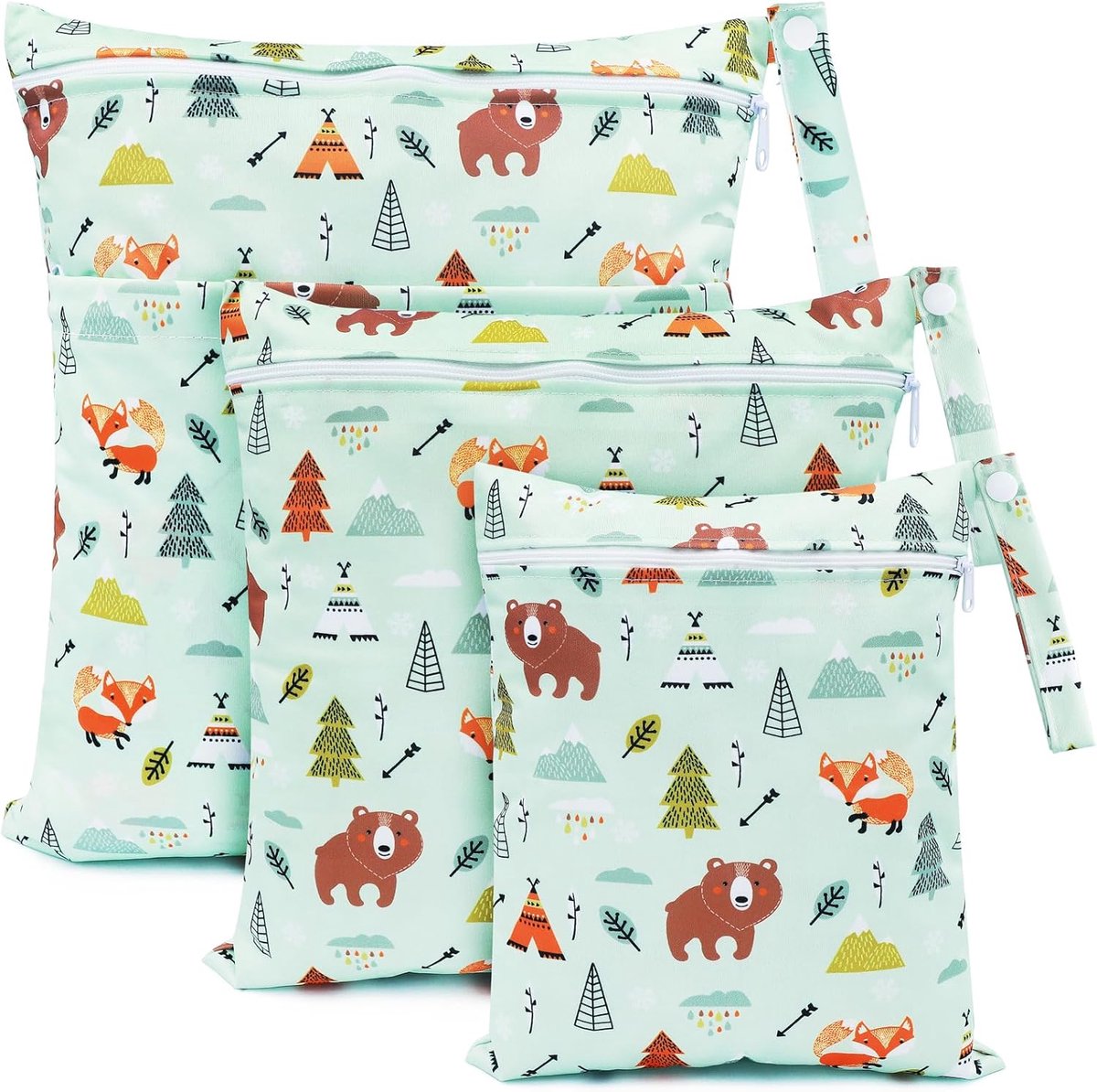SnelShoppen - Luiertas met Neuszakken, 3 Stuks, Stof Luiers Organizer, Natte Zak, Waszak, Herbruikbare Baby Tas, Groene Beer, Ideaal voor Kleuterschoo