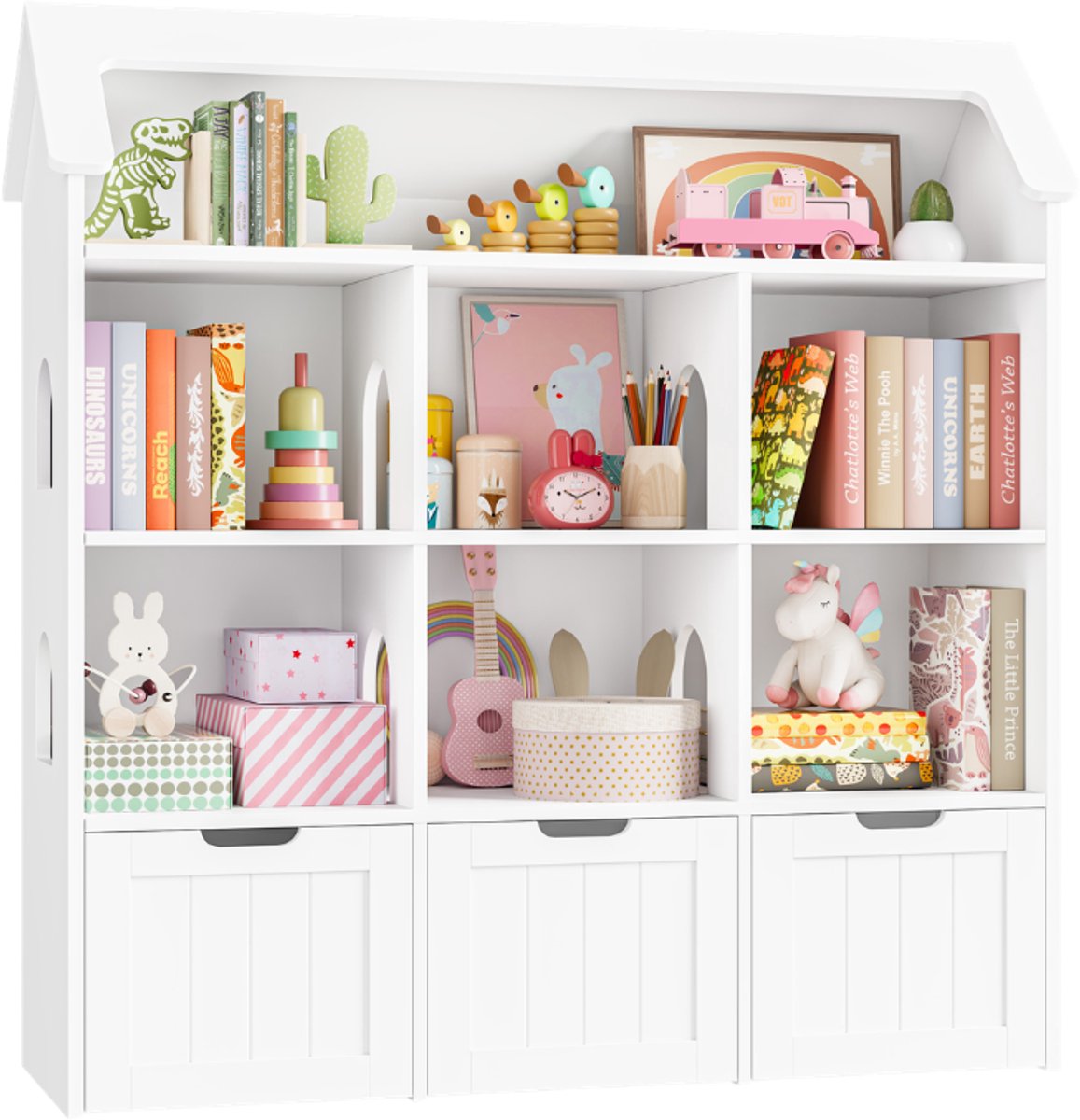 Speelgoedopbergkast – Voor Kinderkamer en Speelkamer – Huisvormige Boekenkast met 7 Open Vakken en 3 Laden – Hout/Wit, 120x33x117,5cm