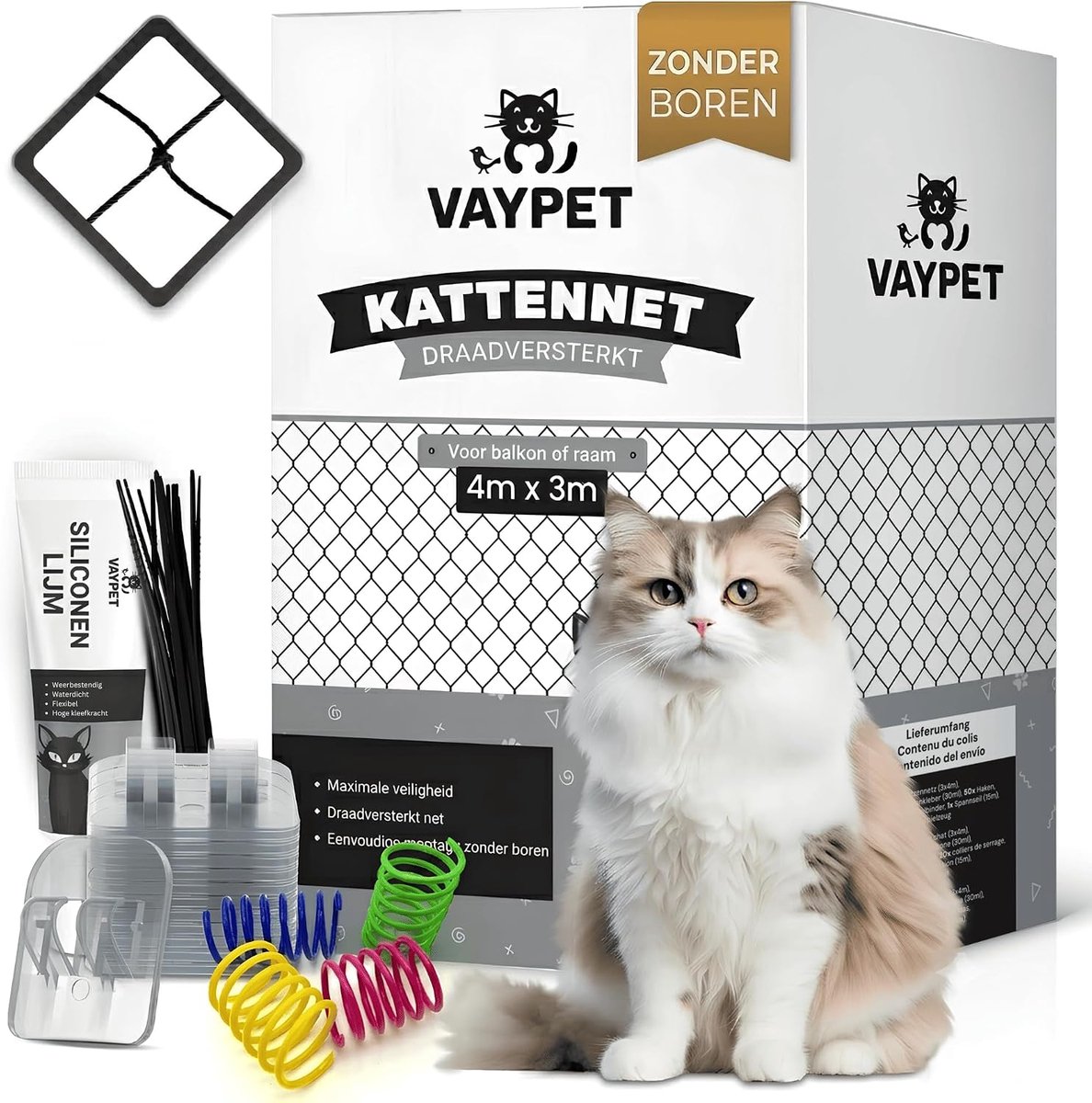 SnelShoppen - Kattennet balkon zonder boren 4 x 3 m | Balkonnet met kleefhaak en siliconenlijm | Weerbestendig kattenbeschermingsnet voor balkon, raam
