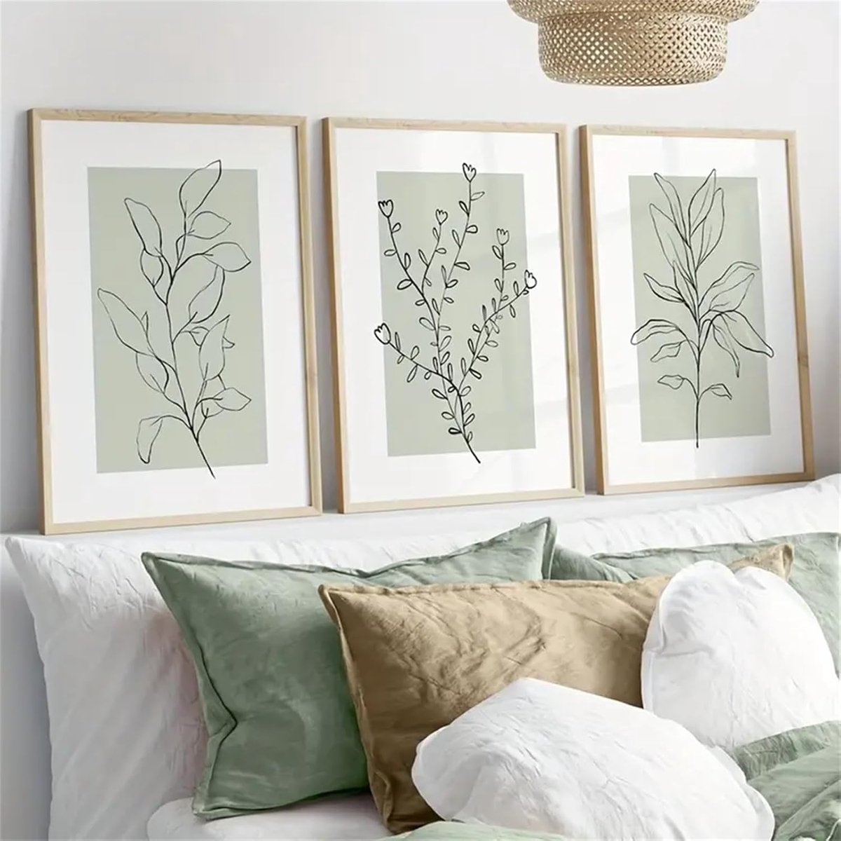 Set van 3 posters - moderne saliegroene planten - abstracte kunst - stijlvolle wanddecoratie - m-winkel