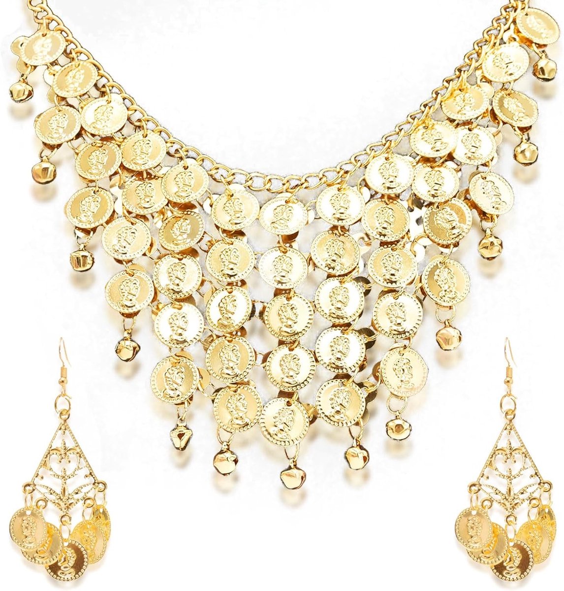 Set van 3 buikdans sieraden, gouden accessoires voor kostuums, Cleopatra en piraten, geschikt voor festivals en shows, elegante oosterse ketting